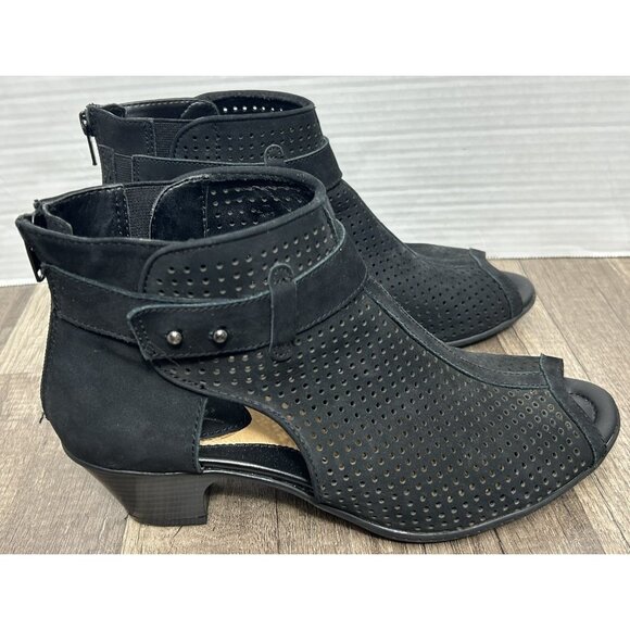 Earth Sandals Intrepid Black Leather Ankle Peep Toe Heels Shoes Womens Size 8.5B - Picture 1 of 13